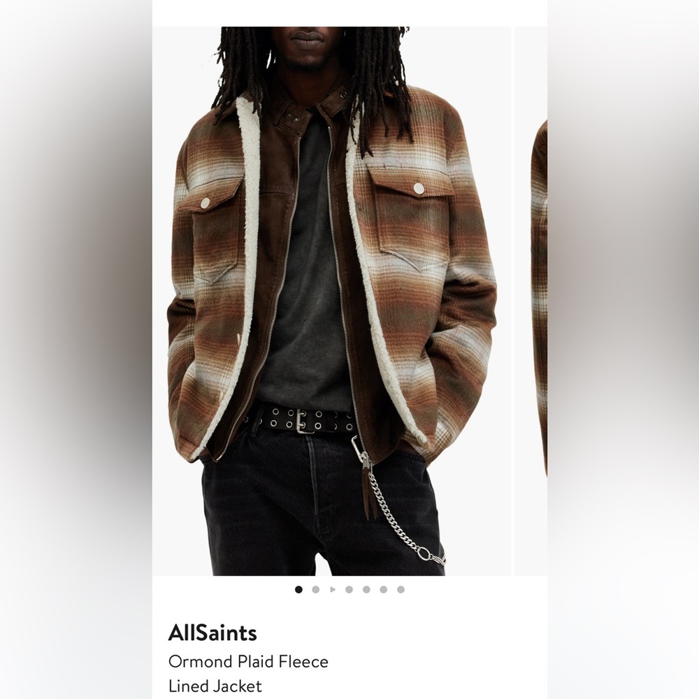 AllSaints Brown Plaid Fleece Lined Jacket
